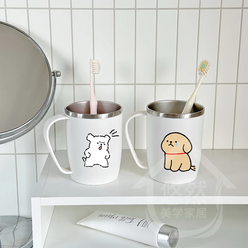 可爱卡通小狗漱口杯ins风不锈钢情侣漱口杯大容量可爱卡通牙缸杯