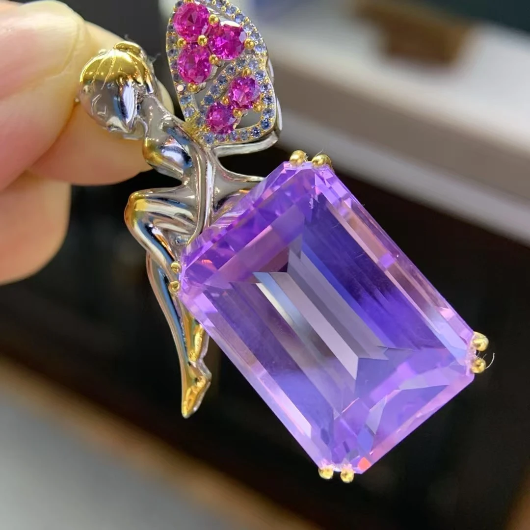 意大利巴西天然薰衣草紫水晶吊坠双色工艺925银女款