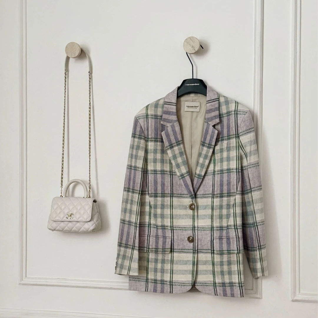 Q轮Q11 Momoshero拼色格子西装外套