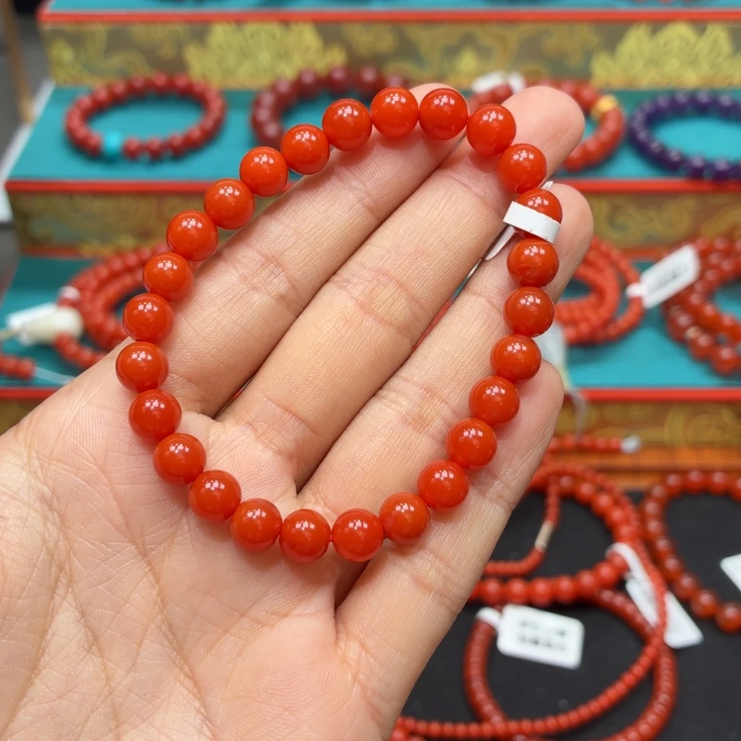 黄***肉南红玛瑙未镶嵌手串冷水河柿子红卡7+