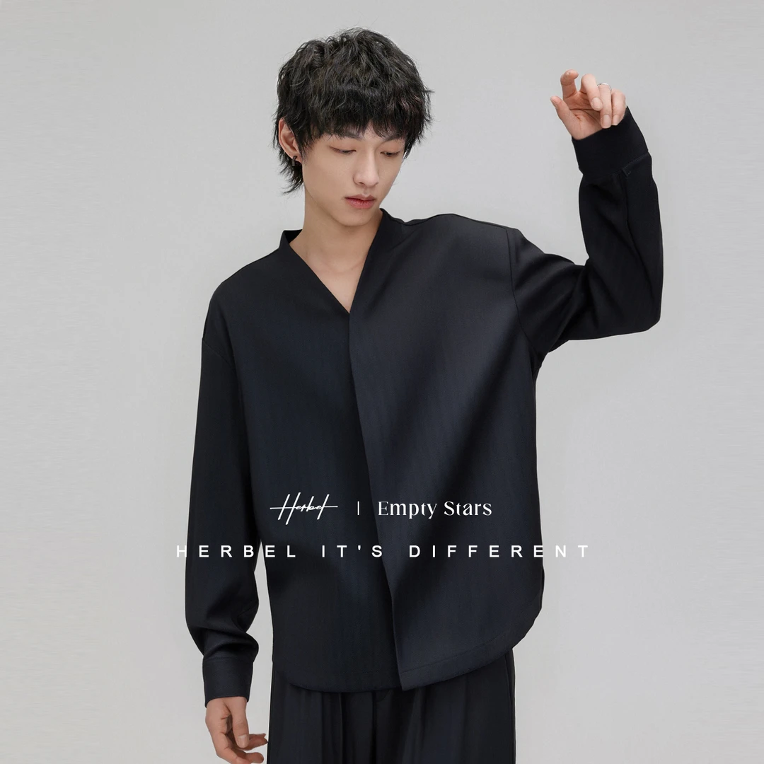 HERBEL/黑白2025秋季男士亚麻V领长袖衬衫 男士秋季亚麻V领衬衫