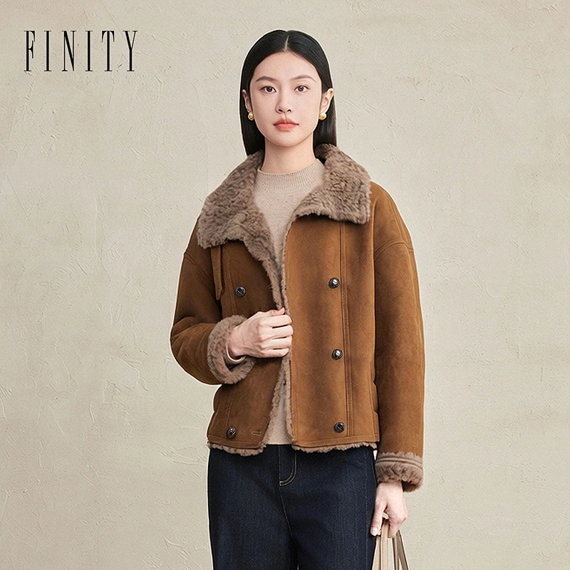 FINITY菲妮迪短款时尚休闲百搭加厚翻领冬季毛呢外套