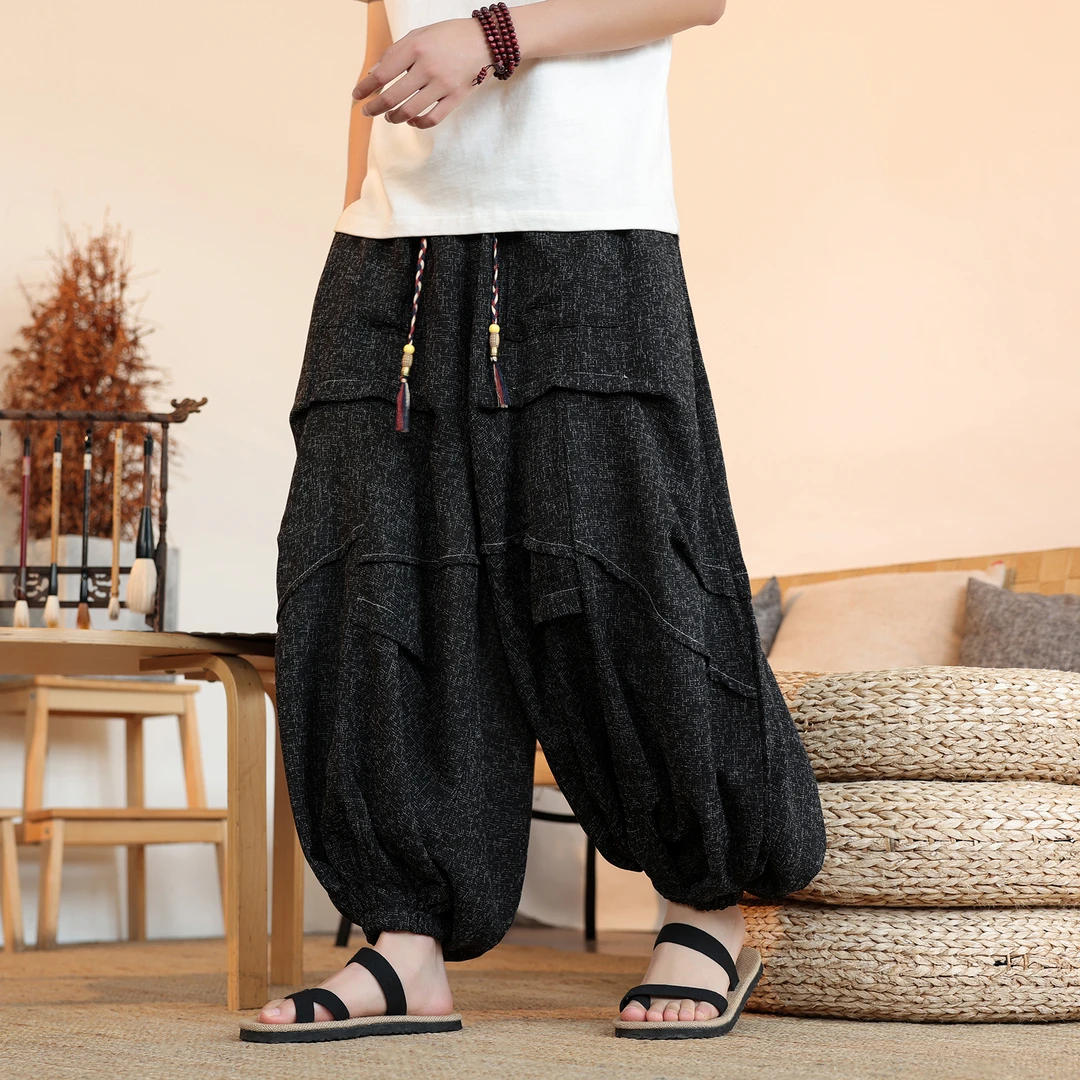 山本风裤子男大码胖子阔腿灯笼裤夏季中国风褶皱设计感冰丝哈伦裤