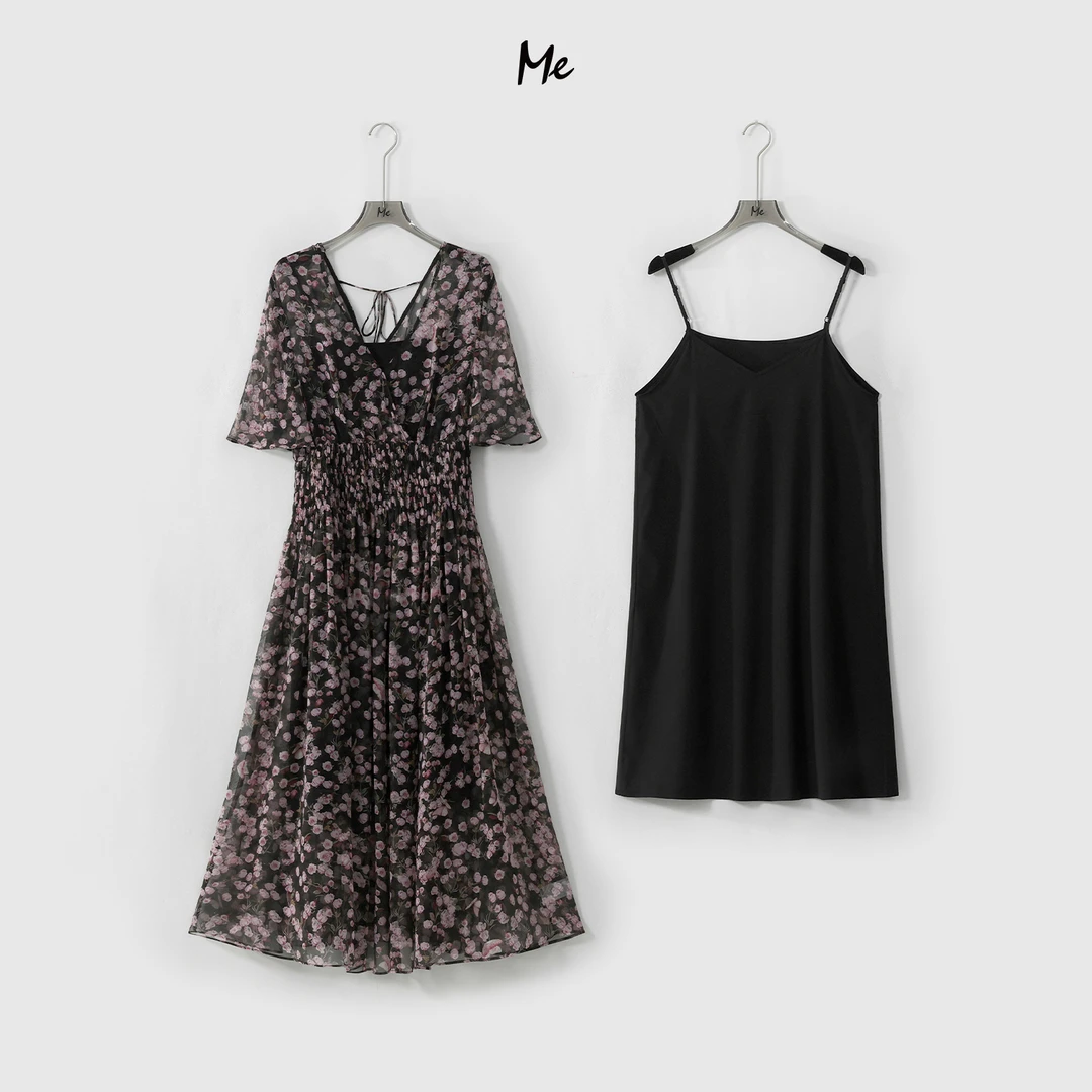 ME【100%真丝木槿茶歇裙 （含吊带）】艺术印花显瘦连衣裙MESS6323