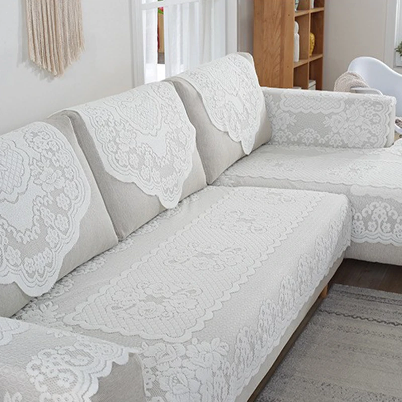 蕾丝简约沙发巾全包盖布米白色沙发扶手连体三角靠背巾坐垫防滑套