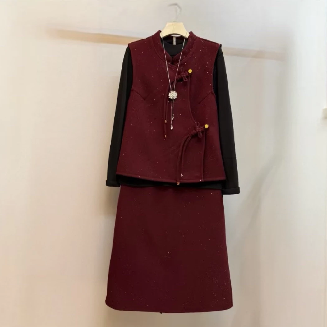 2615-2025年冬季新款时尚洋气显瘦星空呢子马甲+T恤+半身裙三件套