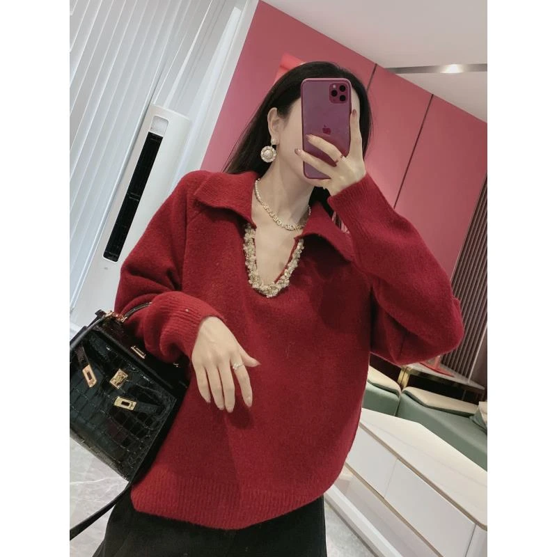 polo领小香钉珠领毛衣6602