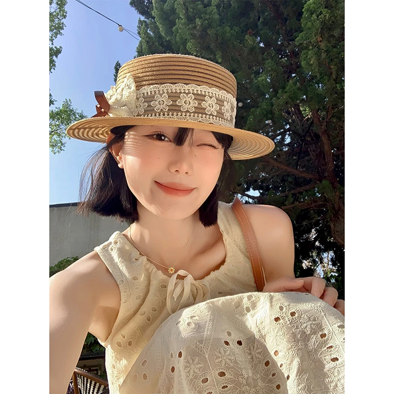 法式蕾丝蝴蝶结平檐草帽女夏季平顶海边沙滩度假防晒遮阳太阳帽子
