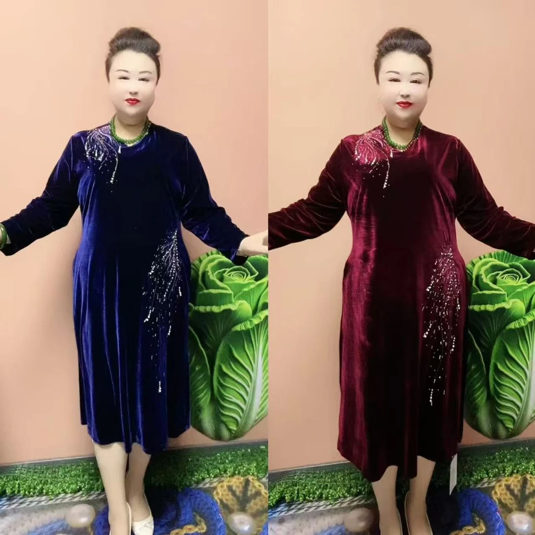 2570款时尚百搭烫钻丝绒大码连衣裙