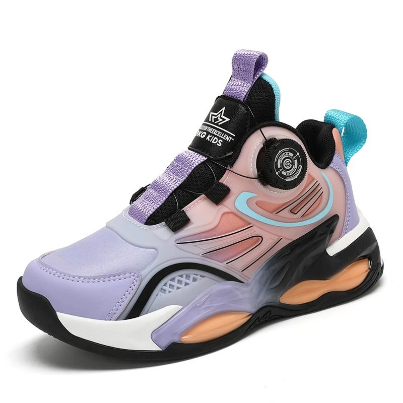 女鞋2023新款秋冬季旋转纽扣免系带皮面防水篮球运动鞋女大童球鞋