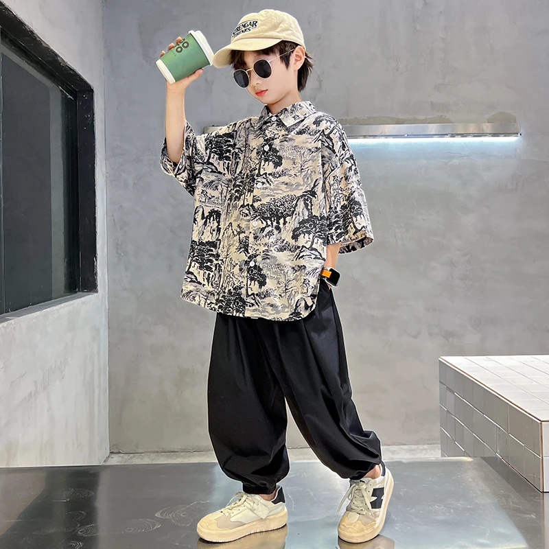 男童夏款外套套装2025新款儿童装夏季中大童夏季衬衫休闲男孩潮牌