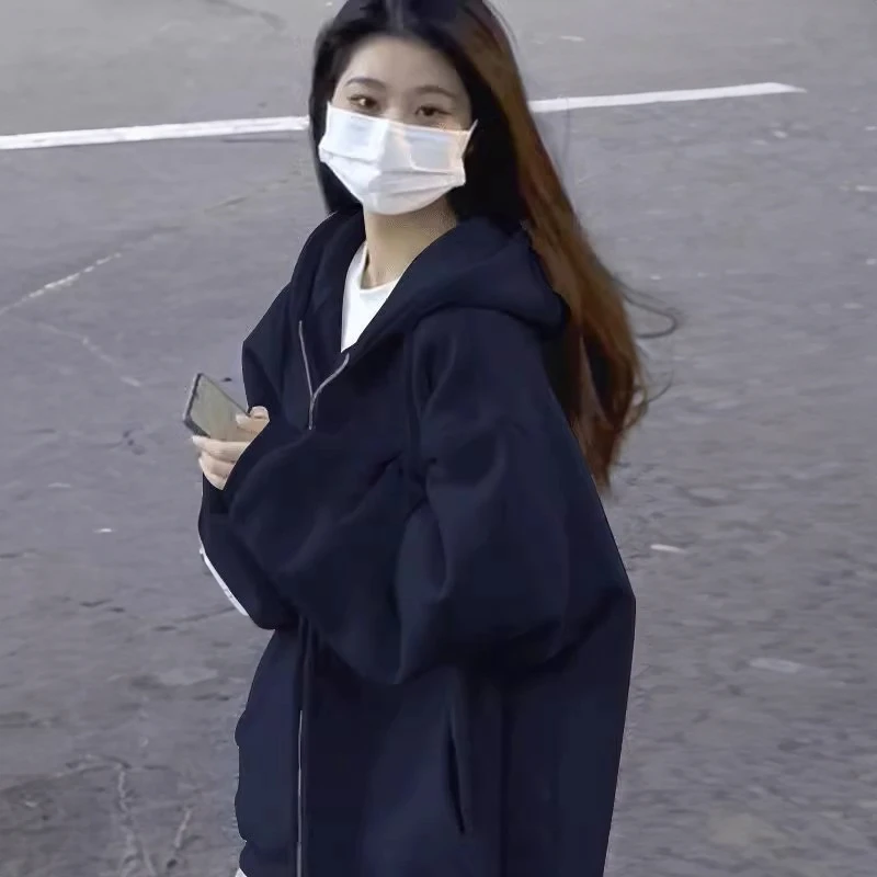 秋冬季大码卫衣女复古hiphop高街连帽加绒拉链外套情侣装宽松上衣