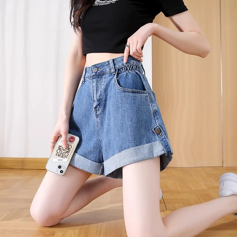 高腰牛仔短裤女夏季薄2025年新款宽松显瘦卷边ins潮a字阔腿热裤子