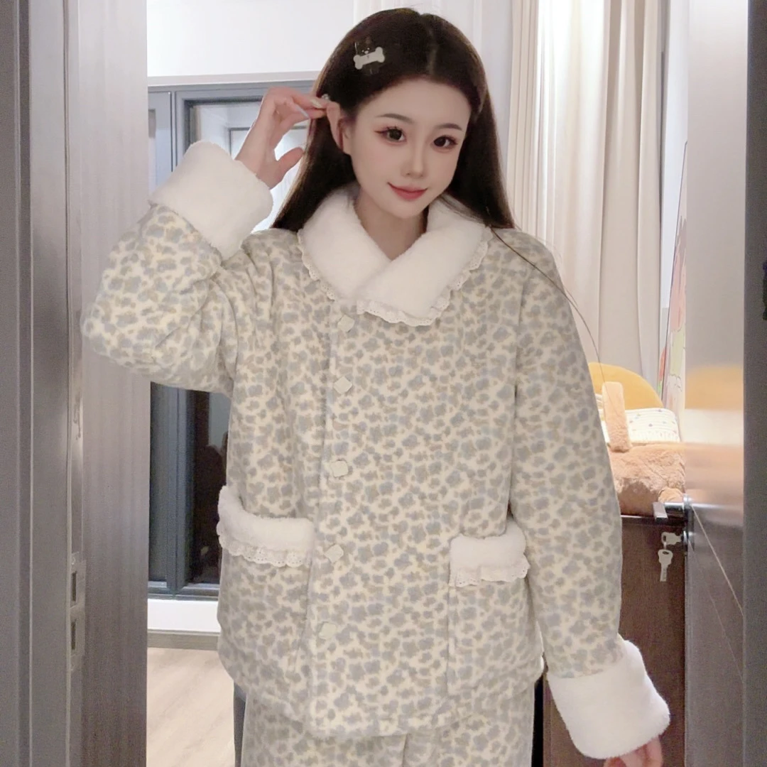 甜美清新小碎花睡衣女冬季新款毛绒包边加厚保暖家居服套装可外穿
