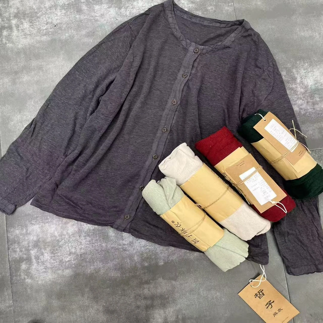 猫迷森林 25秋新款透气防晒进口亚麻针织开衫文艺软糯衬衫3688