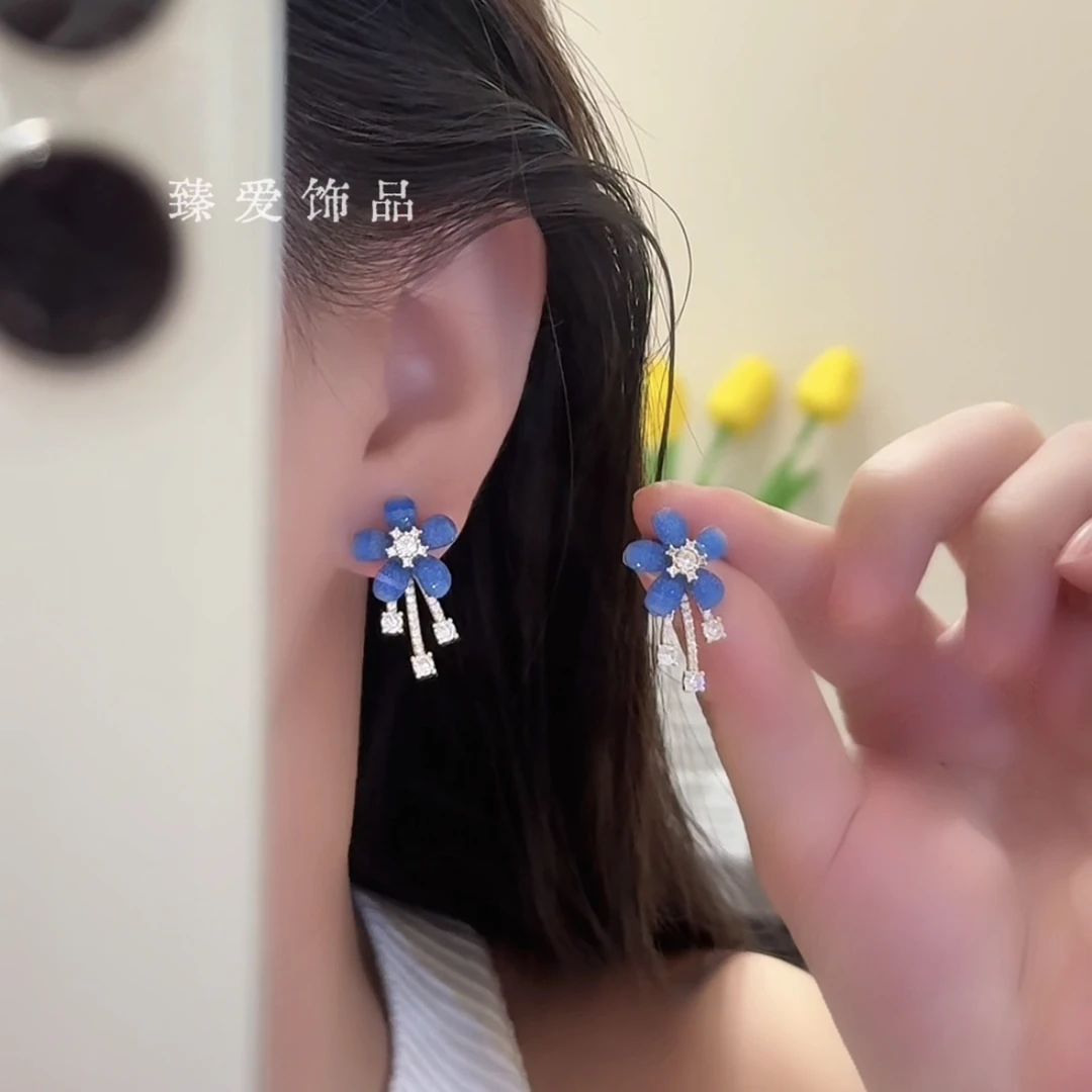 铜合金合成锆石耳饰 蓝色花朵小清新花瓣耳环潮流时尚气质耳饰