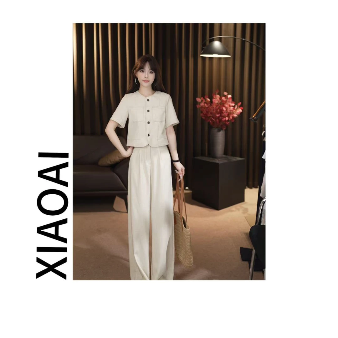 小艾F078初夏新款2025高级气质显瘦马甲+直筒裤套装女