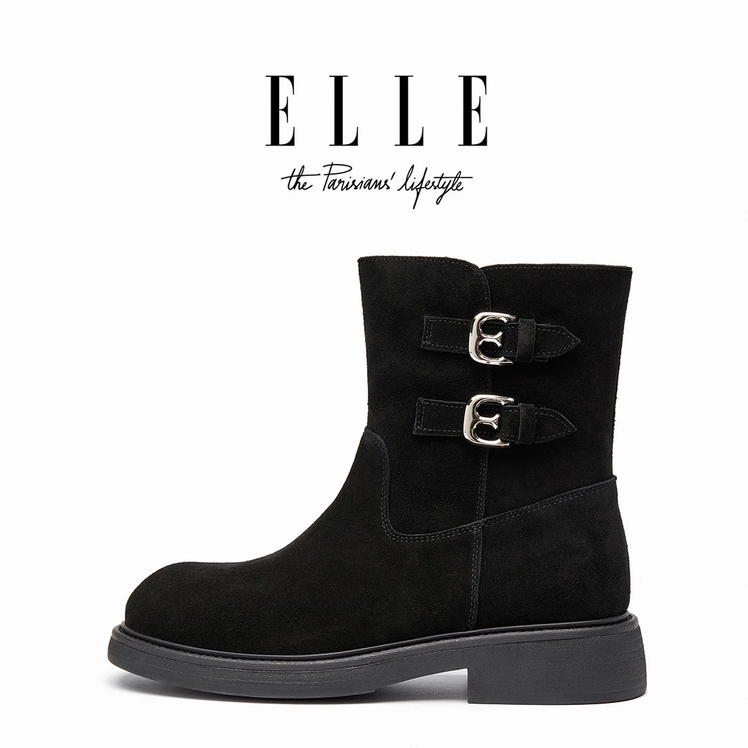 ELLE复古巴恩风圆头皮带扣马丁靴女靴博主推荐短靴辣妹洋气骑士靴