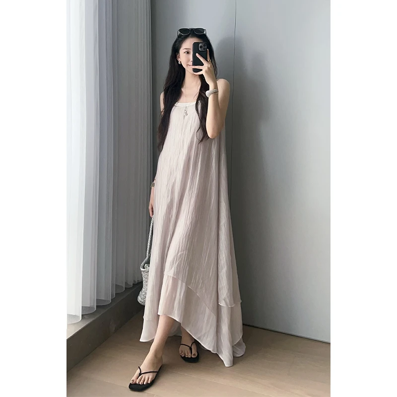 美洋MEIYANG 银河连衣裙褶皱海岛锻仙气不规则可调节吊带裙
