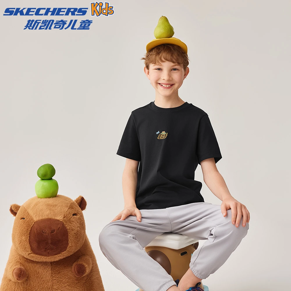 斯凯奇儿童贴贴T中大童男女童夏季卡皮巴拉短袖T恤L225K069 DB