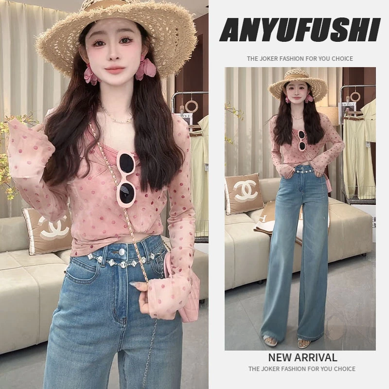 夏季搭配一整套2025新款温柔气质波点上衣挂脖背心牛仔裤三件套装