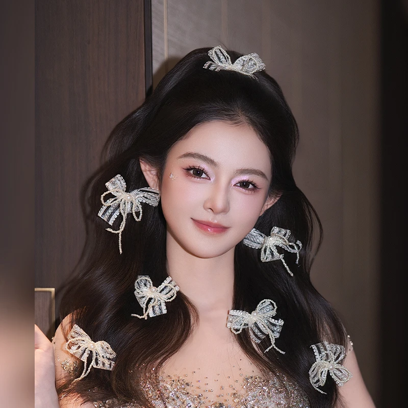 合金布艺婚庆饰品 新娘俏皮蝴蝶结蕾丝灵动感珍珠流苏配饰品D0586