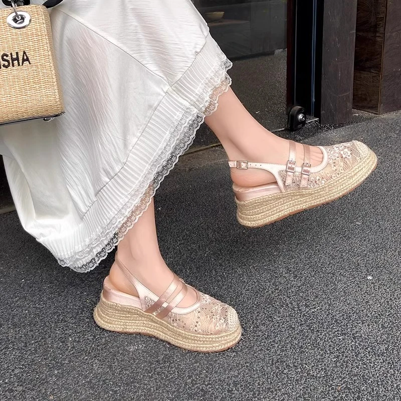 羊皮版2025新款夏季包头凉鞋女蕾丝网纱镂空透气厚底鞋草编渔夫鞋