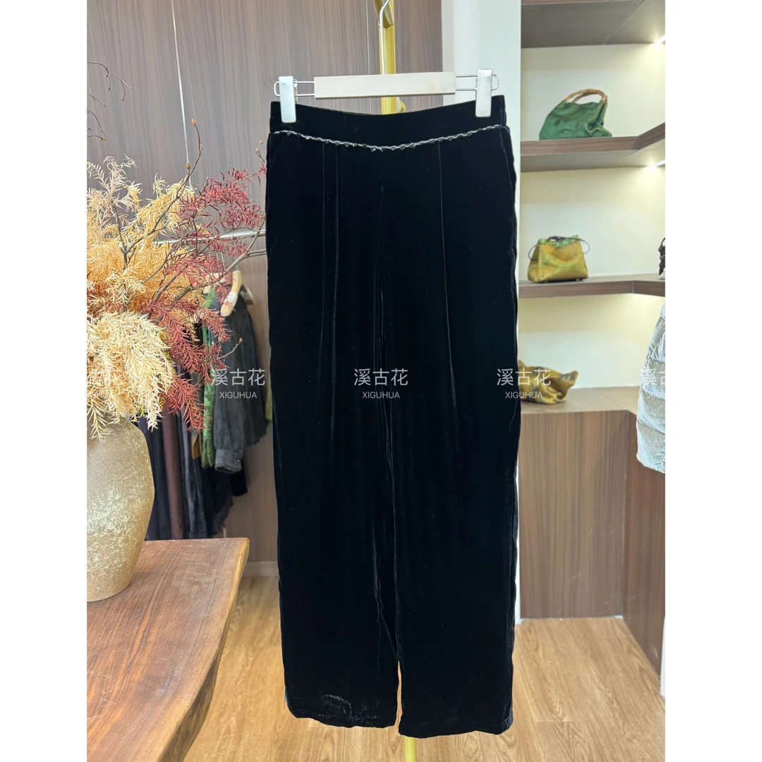 《钻石裤》2025秋冬新款桑蚕丝丝绒阔腿裤加绒加厚高级百搭带钻长裤