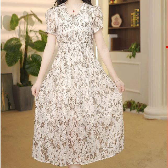 新款收腰碎花连衣裙海边度假V领中长裙L575 FL