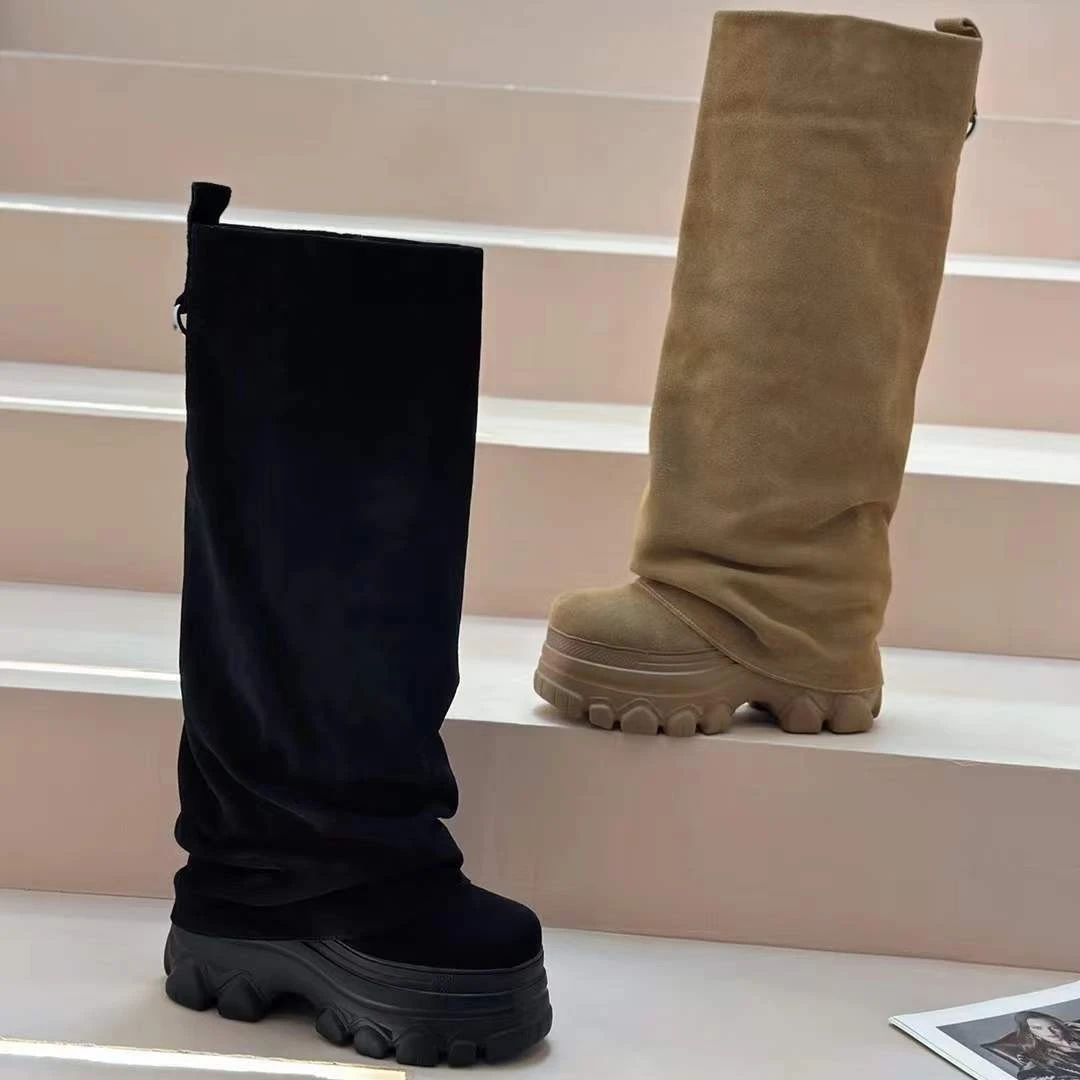 秋冬新款厚底内增高磨砂皮长筒女靴显瘦百搭美拉德风小个子裤管靴