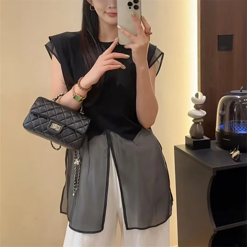 欧货设计感网纱拼接无袖衬衫女2025夏季新宽松显瘦开叉小飞袖上衣