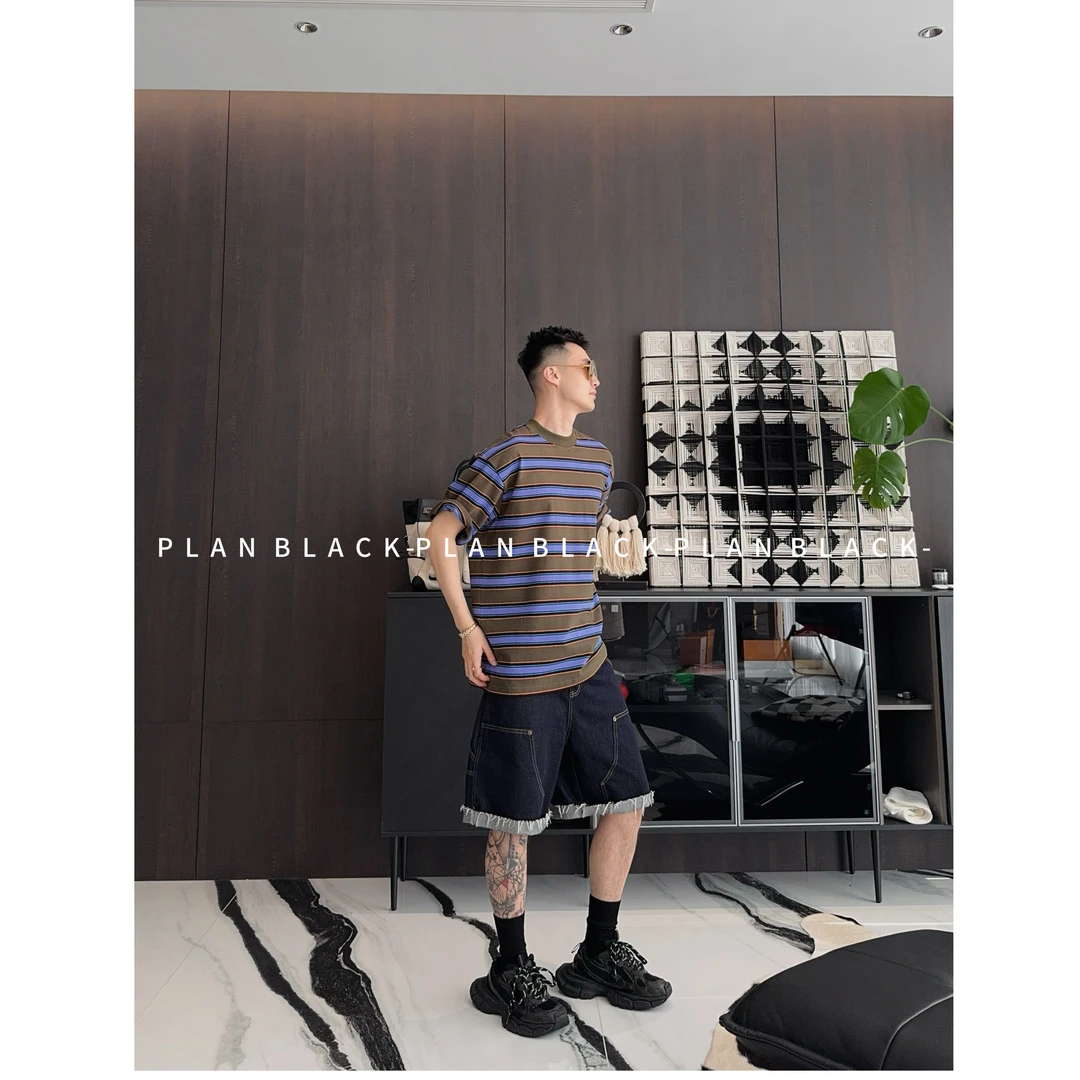 RICH陈发财【军绿紫藤/条纹tee】热带鱼配色！男女款撞色条纹T恤8014