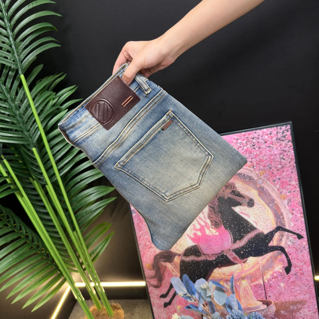 【XC奢品】秋冬款#复古蓝色#个性潮流轻奢男士牛仔裤弹力修身直筒