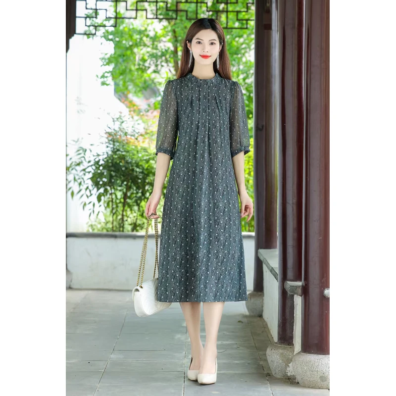 《辰希》绿色午后小调气质优雅修身连衣裙 显瘦 收腰裙