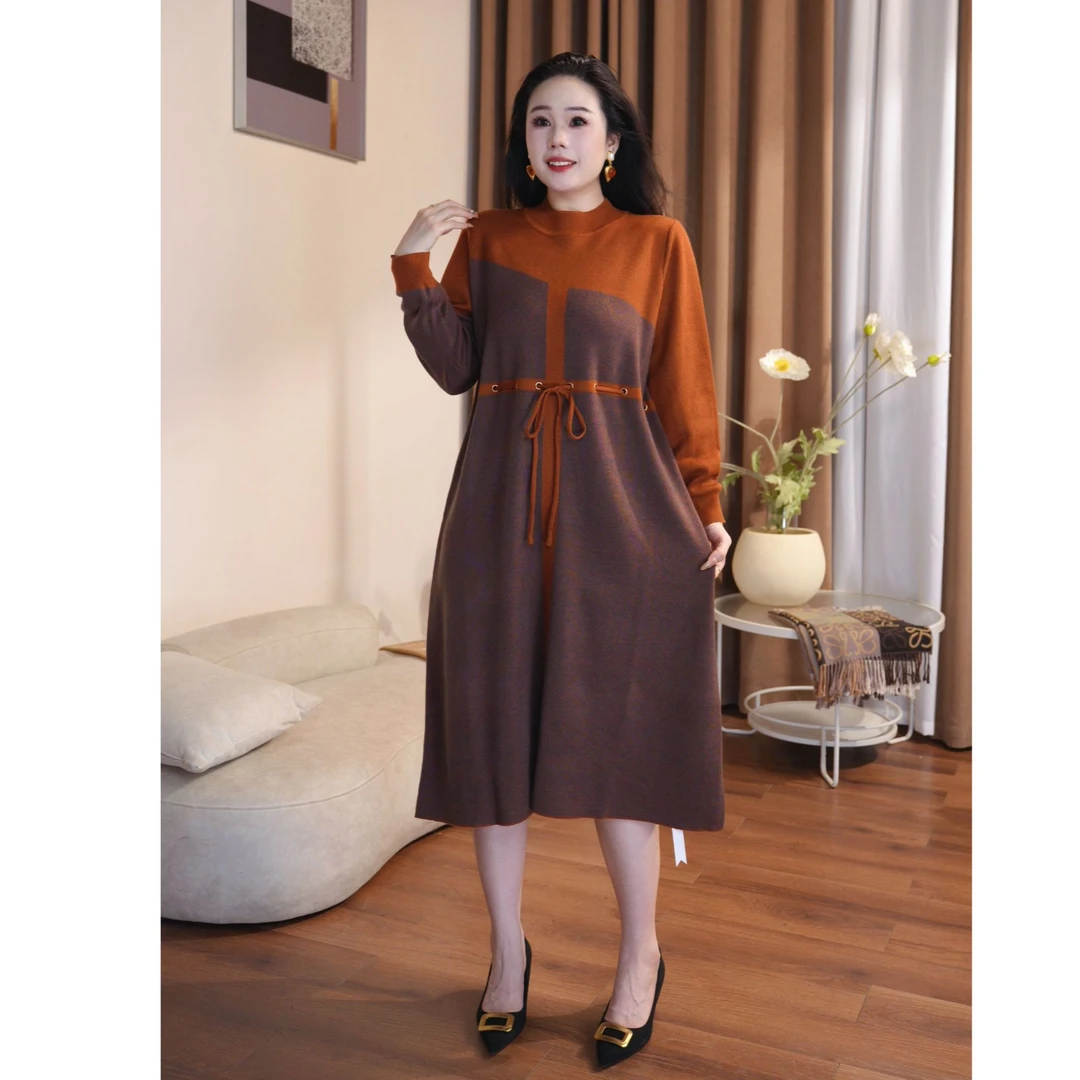 58978 设计款抽绳显瘦气质撞色针织连衣裙