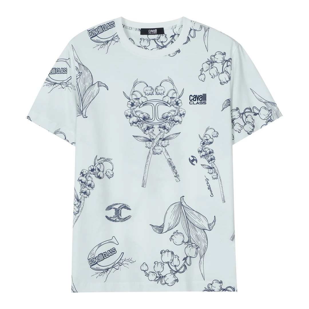 Cavalli Class卡沃利春夏logo英文刺绣花卉印花白黑米白色短袖T恤
