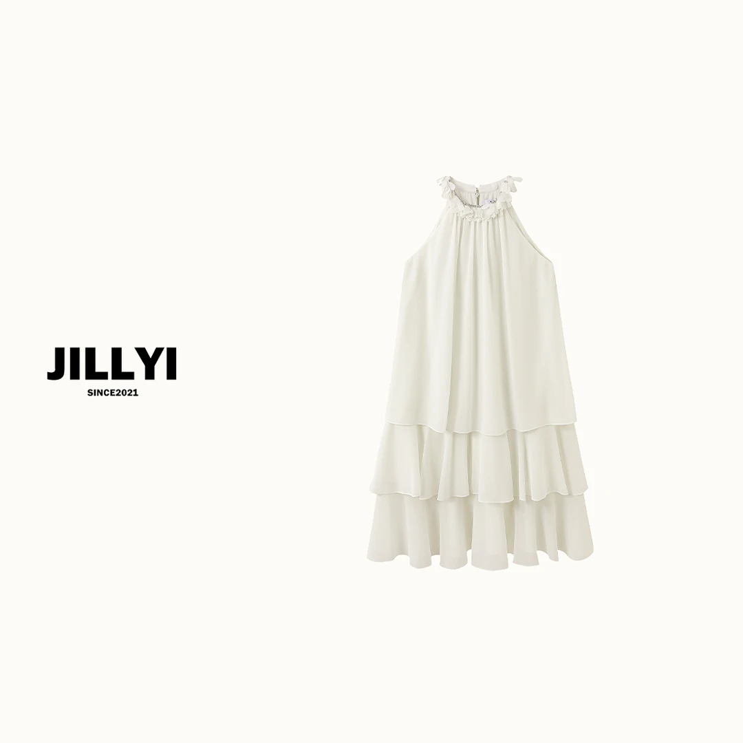 JILLYI【公主晚宴】白色圆领砍袖公主风时尚百搭连衣裙夏季百搭