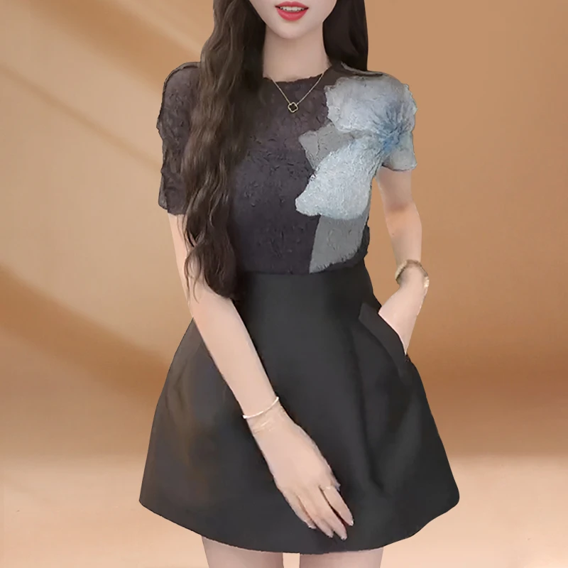 时尚套装女夏季新款法式肌理感立体油画感花卉短袖T恤高腰半身裙