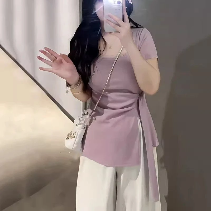 棉法式纯欲风显瘦方领短袖T恤女装2025夏季新款褶皱气质开叉上衣