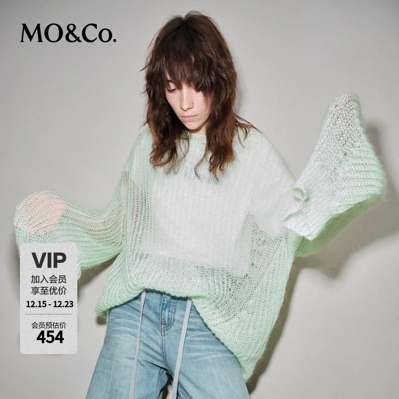 MOCO马海毛绵羊毛混纺慵懒通透灯笼袖针织衫MBD3SWT015