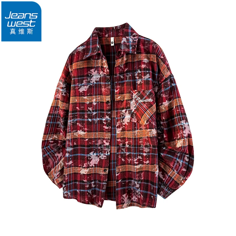 Jeanswest/真维斯扎染长袖衬衫男士春秋季宽松百搭翻领衬衣外套