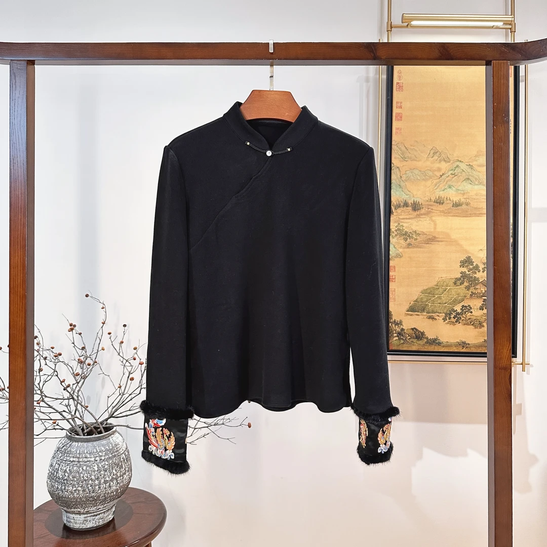 PM王囡囡 毛边袖口斜襟国风打底长袖 NC1D1155