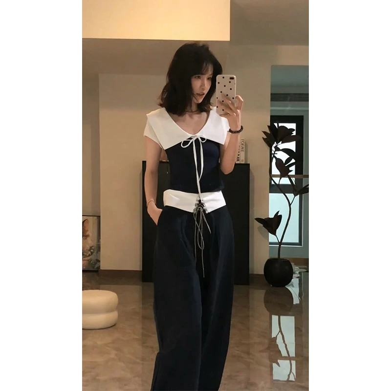2025夏季新款韩系气质娃娃领系带短袖上衣设计感高腰抽绳阔腿长裤