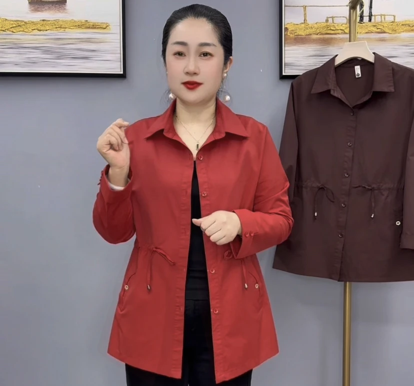 早秋新款时尚洋气高端大气中长款妈妈装单层风衣长袖外套518款