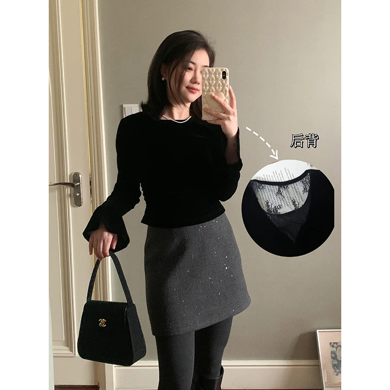 【现货款】花总吖【智性美人】秋冬新款丝绒拼接蕾丝小衫R425S16921