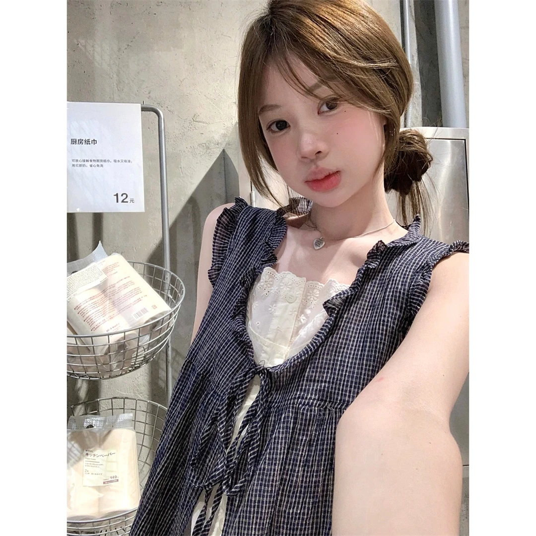 韩系假两件蕾丝花边格纹拼接无袖衬衫女夏季新款显瘦遮肉宽松上衣