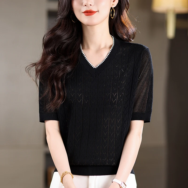 夏季大码冰丝短袖T恤女宽松加肥加大上衣显瘦百搭薄款V领针织T恤