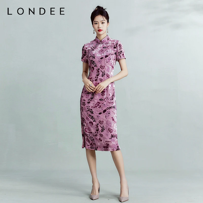 Londee/龙笛新中式修身高端丝绒烧花优雅气质旗袍中长裙女3T21299