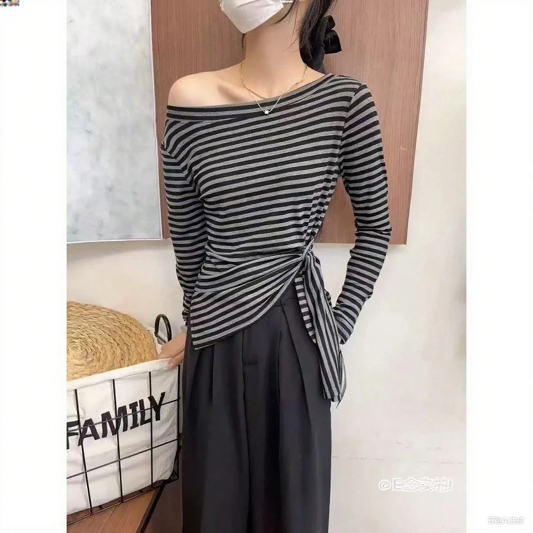 大码胖mm斜肩长袖收腰条纹T恤女秋装韩版不规则开叉显瘦小衫上衣
