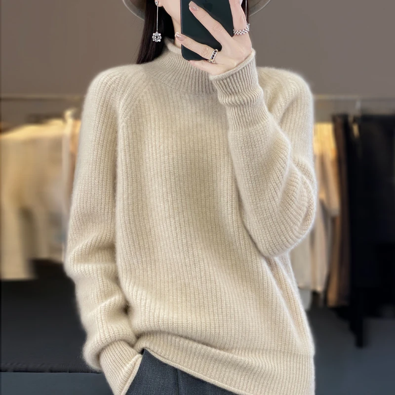 高端时尚品牌女装100%纯羊毛衫女半高领元宝针七针加厚毛衣打底衫